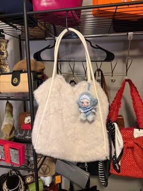 Victoria's Secret Faux Fur Cream Tote Bag wit Skullpanda